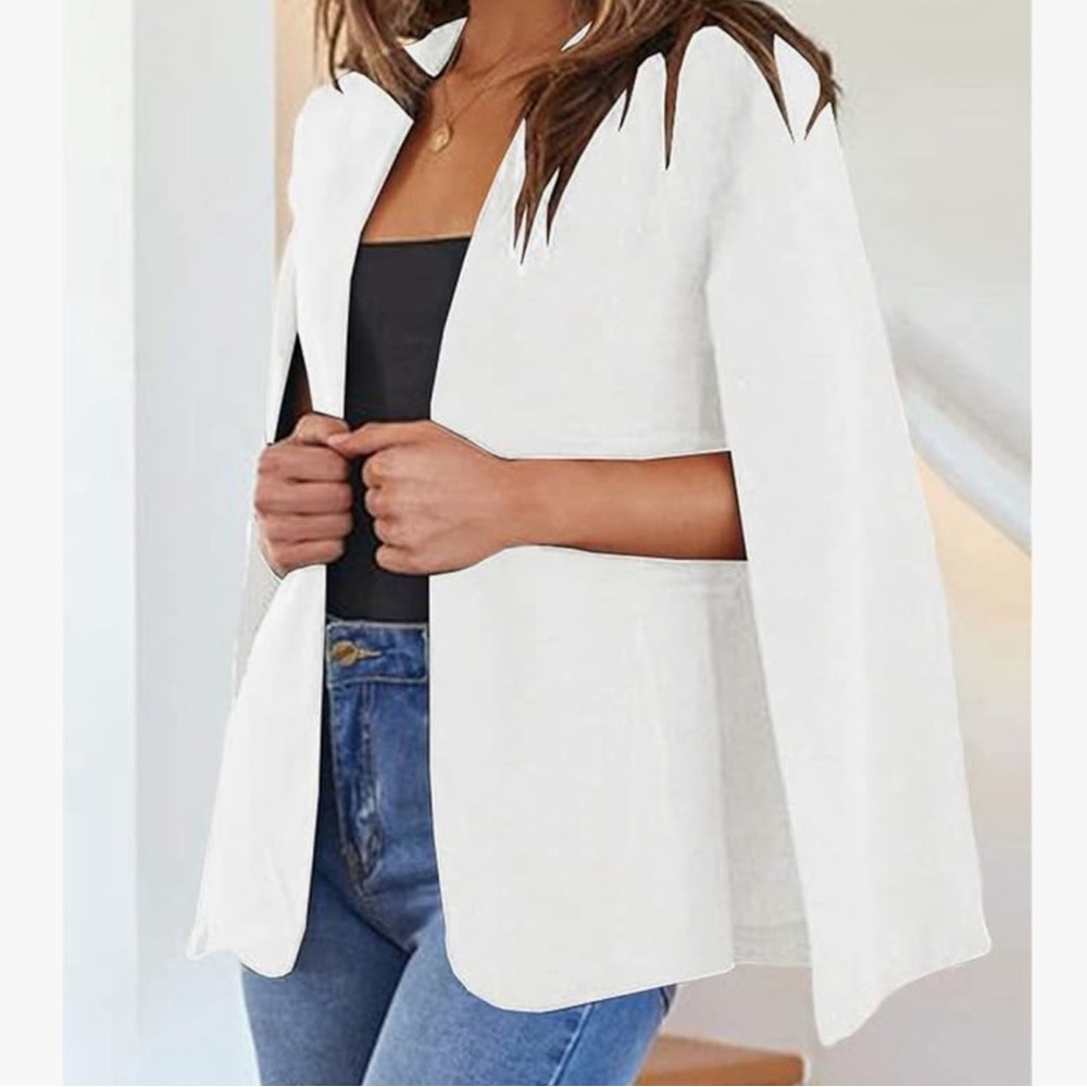 White Size Medium Solid Color Cape Blazer Split Sleeve Open Front white top